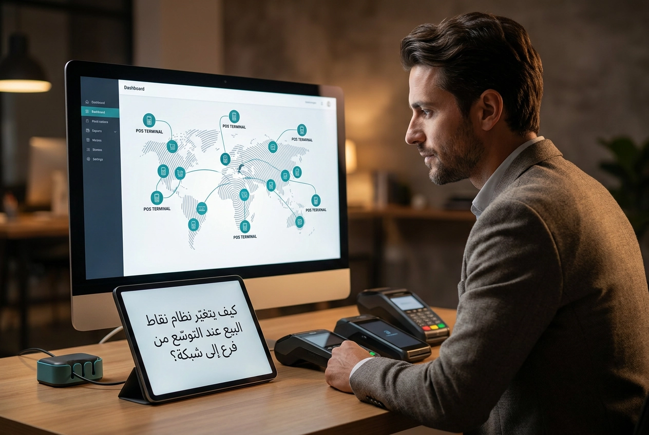 Professional header image for industry analysis: كيف يتغيّر نظام نقاط البيع عند التوسّع من فرع إلى شبكة؟