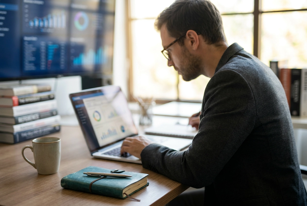 Professional header image for educational tutorial: طبقة التقارير قبل لوحة المعلومات في Business Central