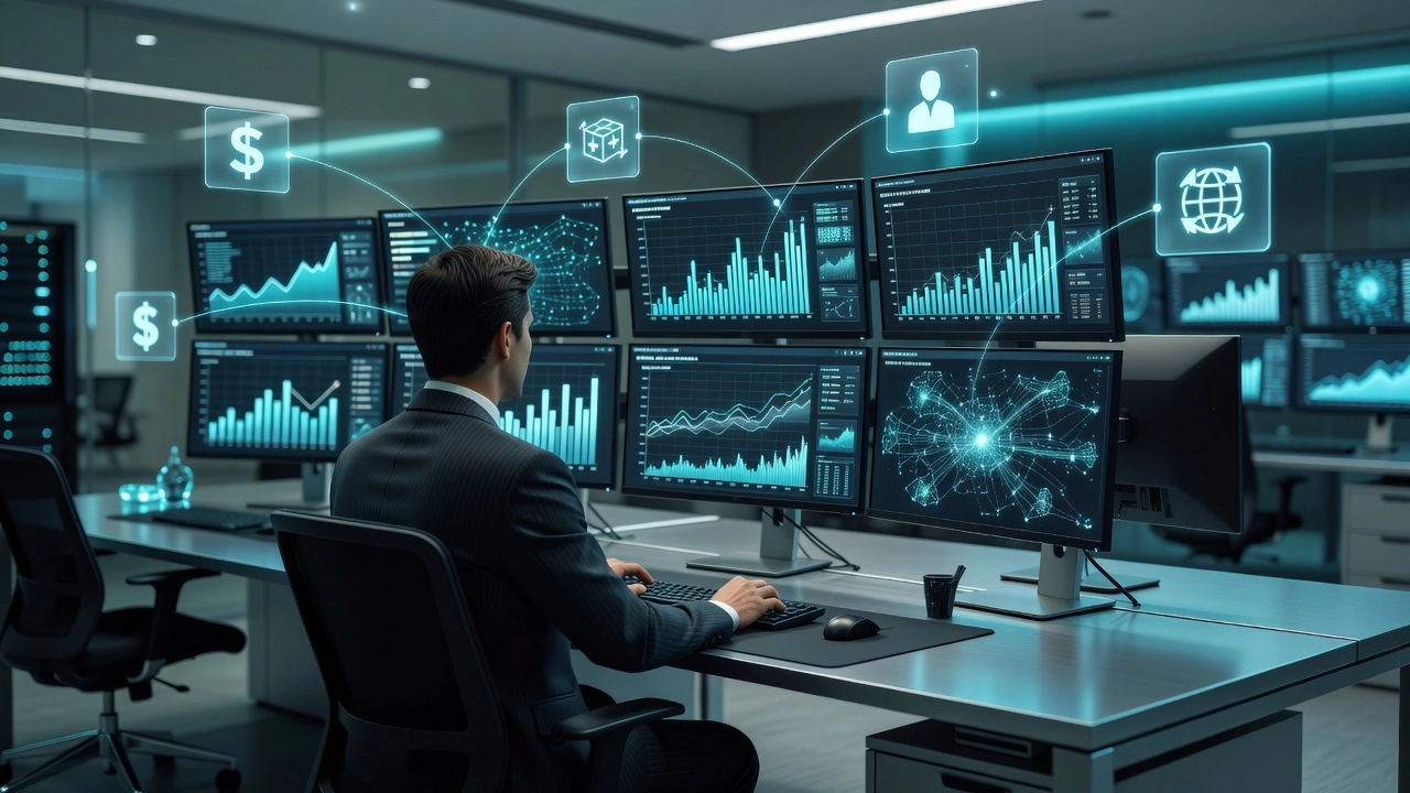 Professional header image for informative article: A sleek modern office command center with multiple glowin...