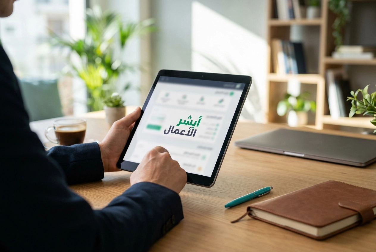 Professional header image for educational tutorial: أبشر الأعمال: دليل تسجيل الدخول الشامل وما بعده